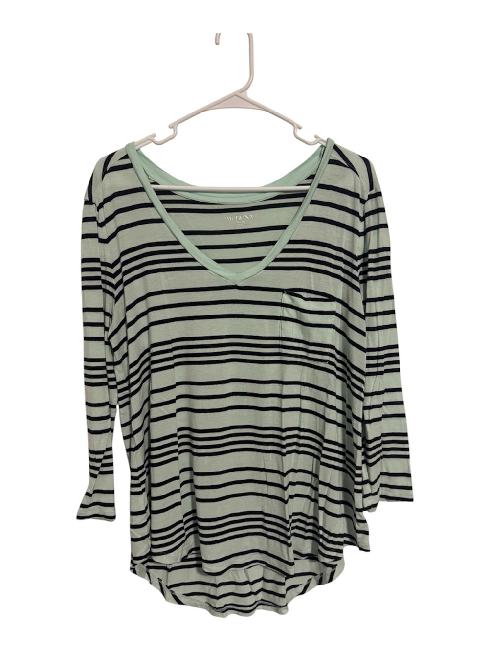 Merona Mint & Black Striped V-Neck Long Sleeve Top